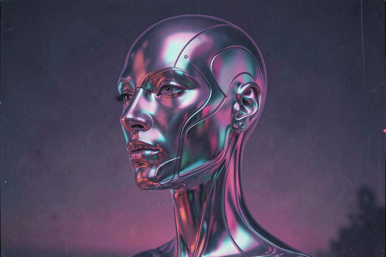 A chrome android face catching pink and cyan light in a violet haze