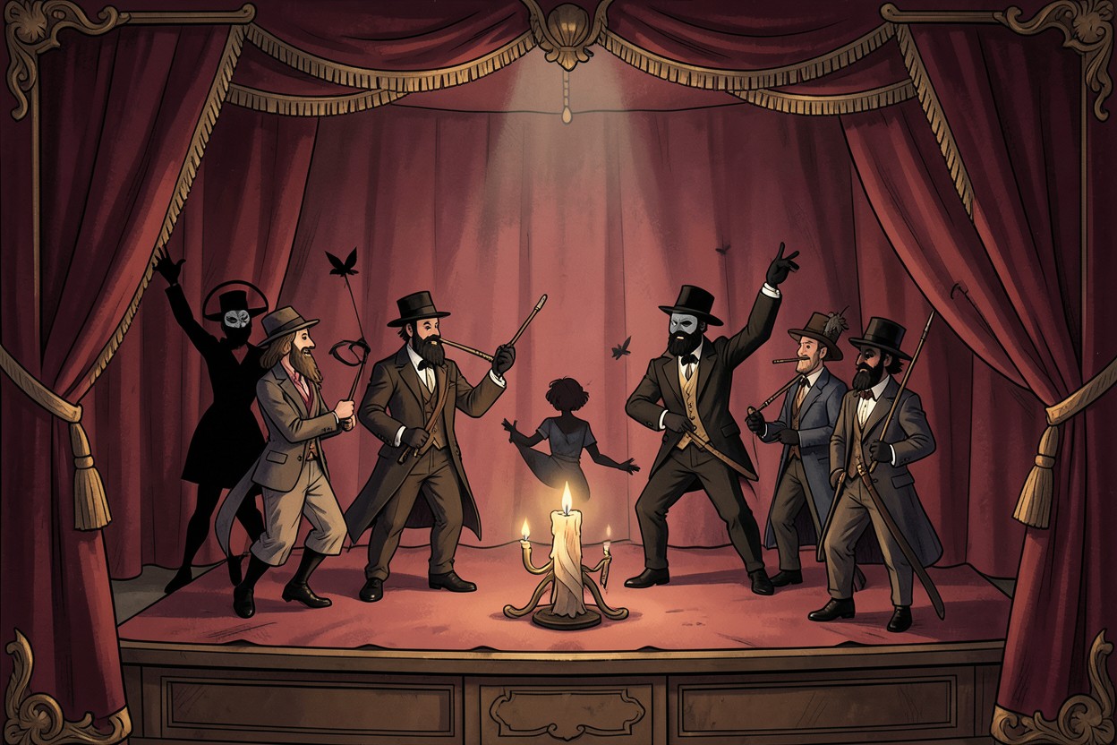 A troupe of mysterious, old-fashioned performers gathered beneath red theater curtains