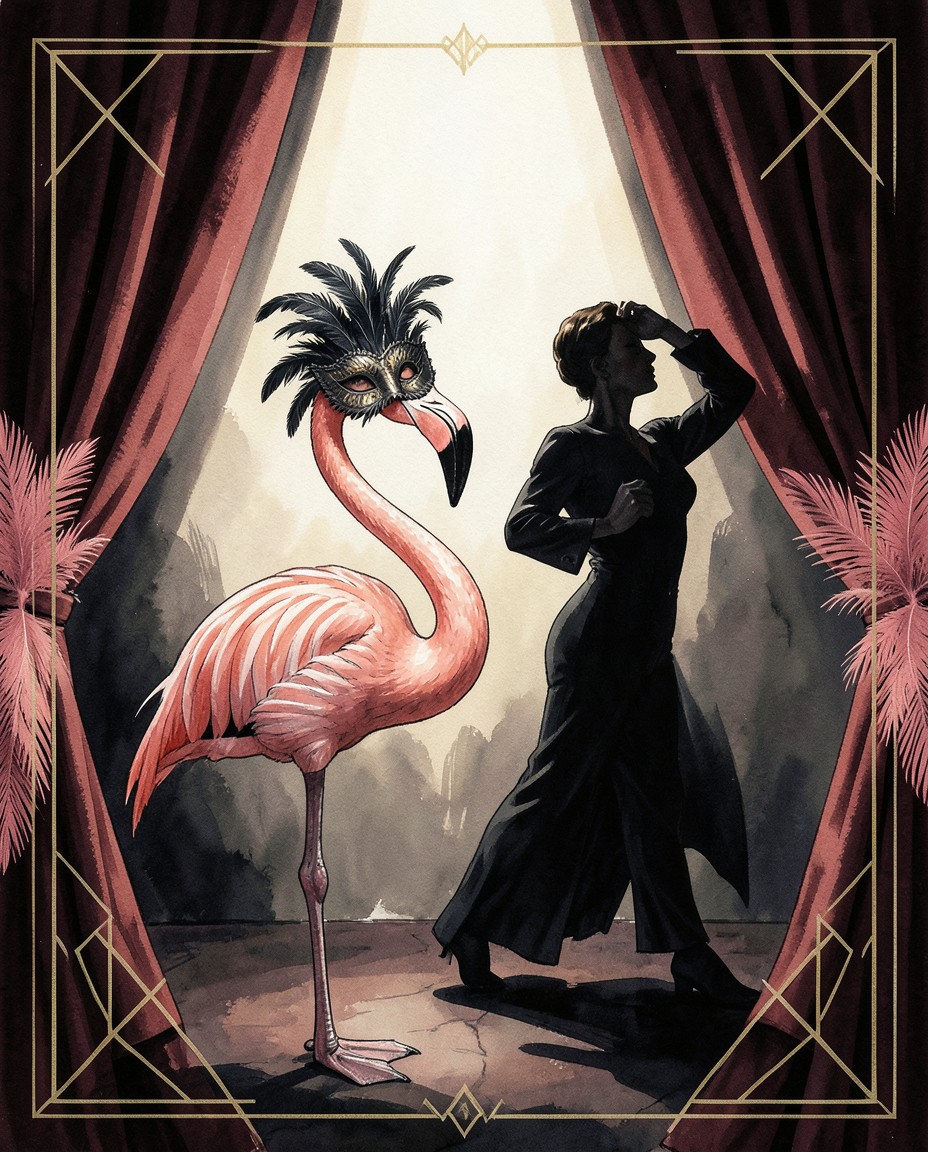 A masked flamingo sharing a spotlight with a tango dancer on a velvet-curtained stage