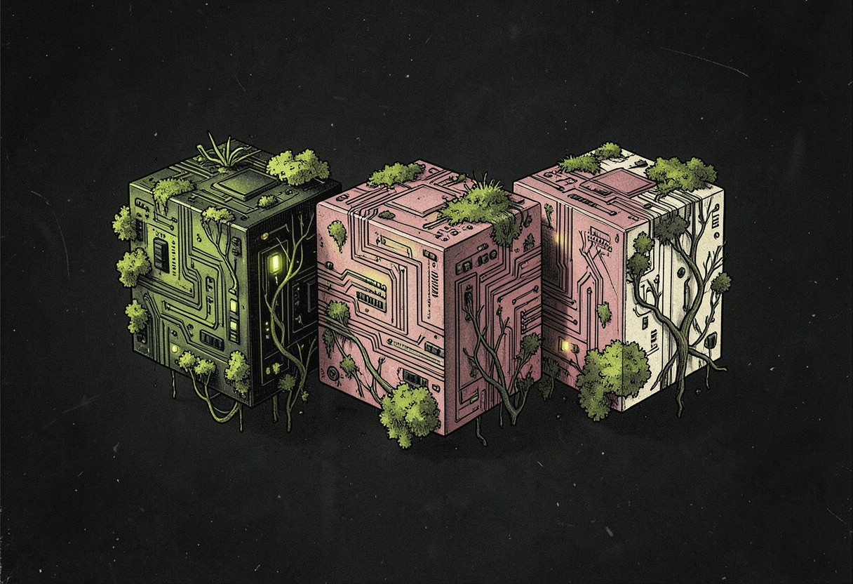 Three lichen-covered modular logic blocks glowing against a dark field